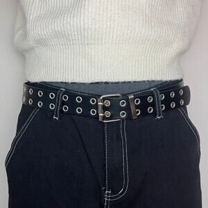 2000s round studded vegan leather black and silver grunge belt